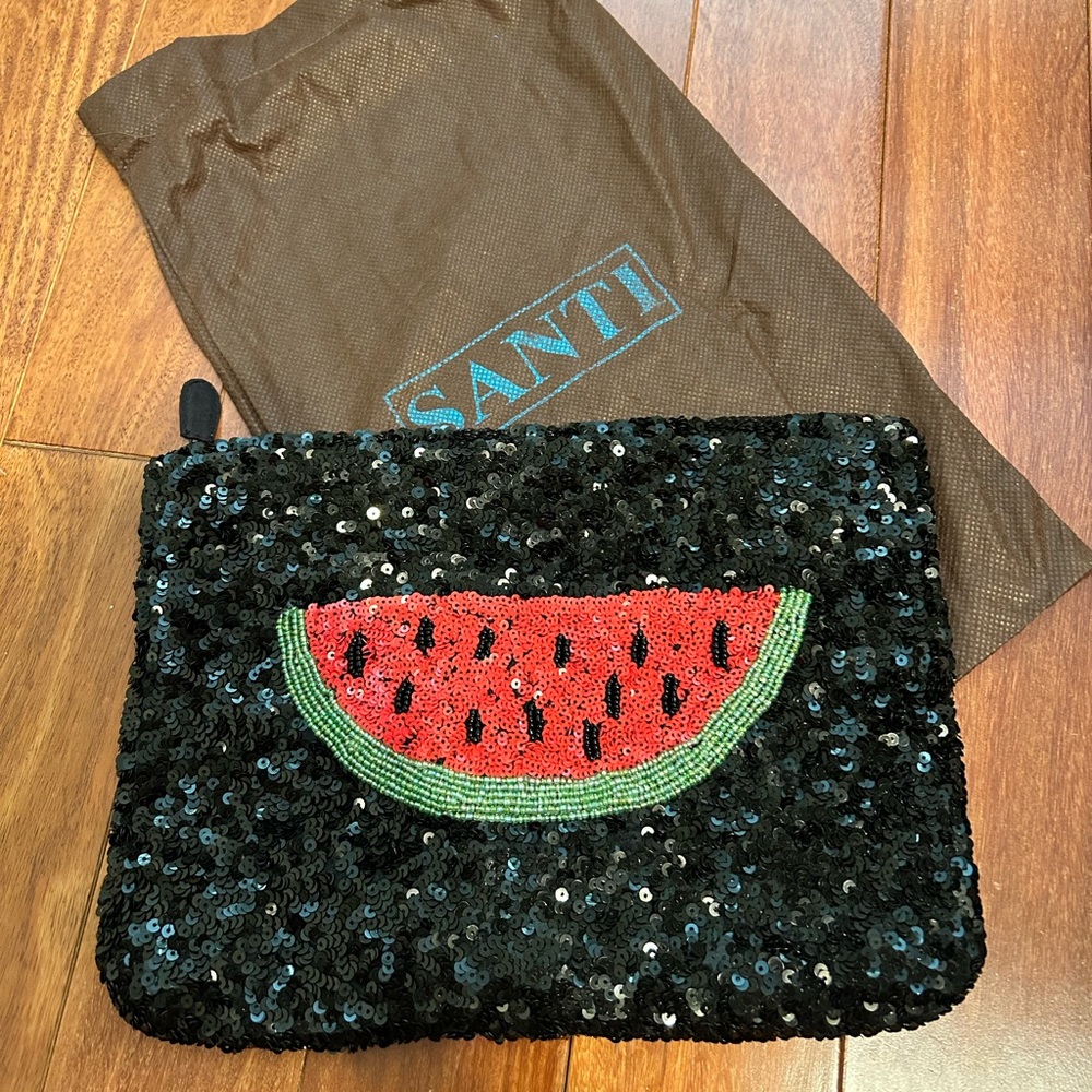 Santi Watermelon Sequins and Beaded Black Clutch